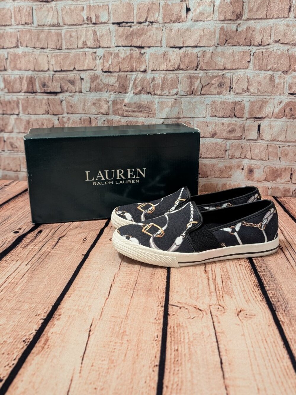 Lauren Ralph Lauren JINNY Black Chain-Print Slip-On Sneakers Size 6B